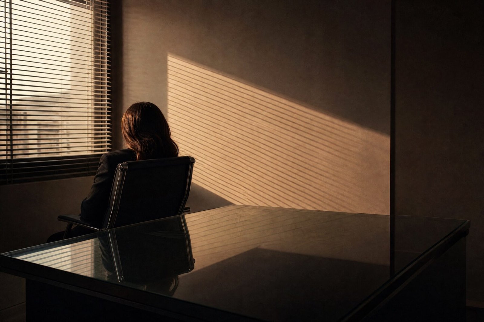 An empty office corner in the late afternoon, with venetian blinds throwing stripes of low sunlight across the wall.